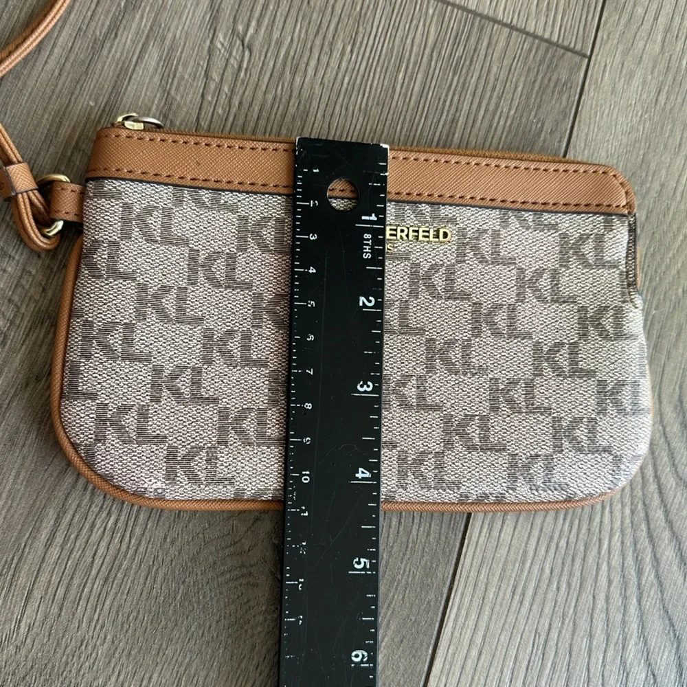 KARL LANGERFELD Paris Logo Wristlet Zip Wallet Tan and Brown